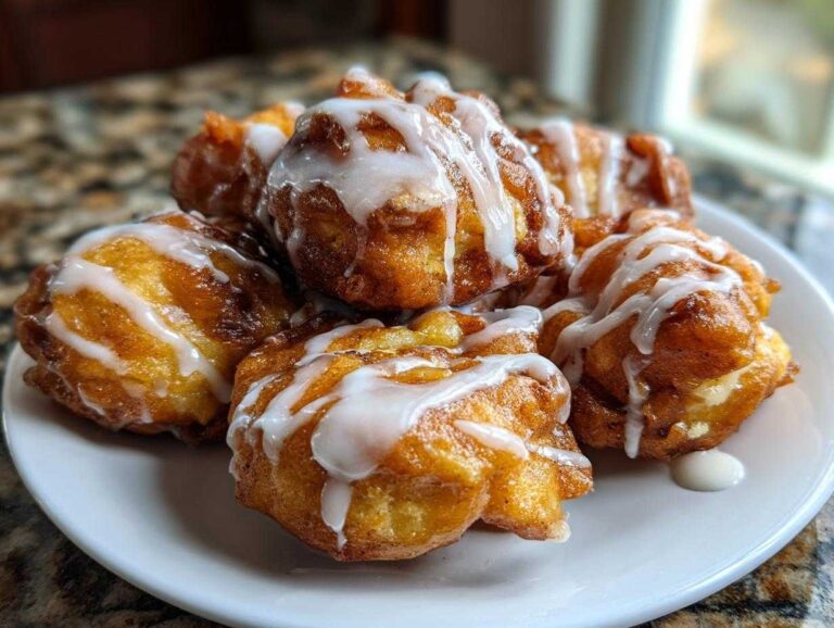 A plate of golden air fryer apple fritters drizzled with a sweet white glaze.