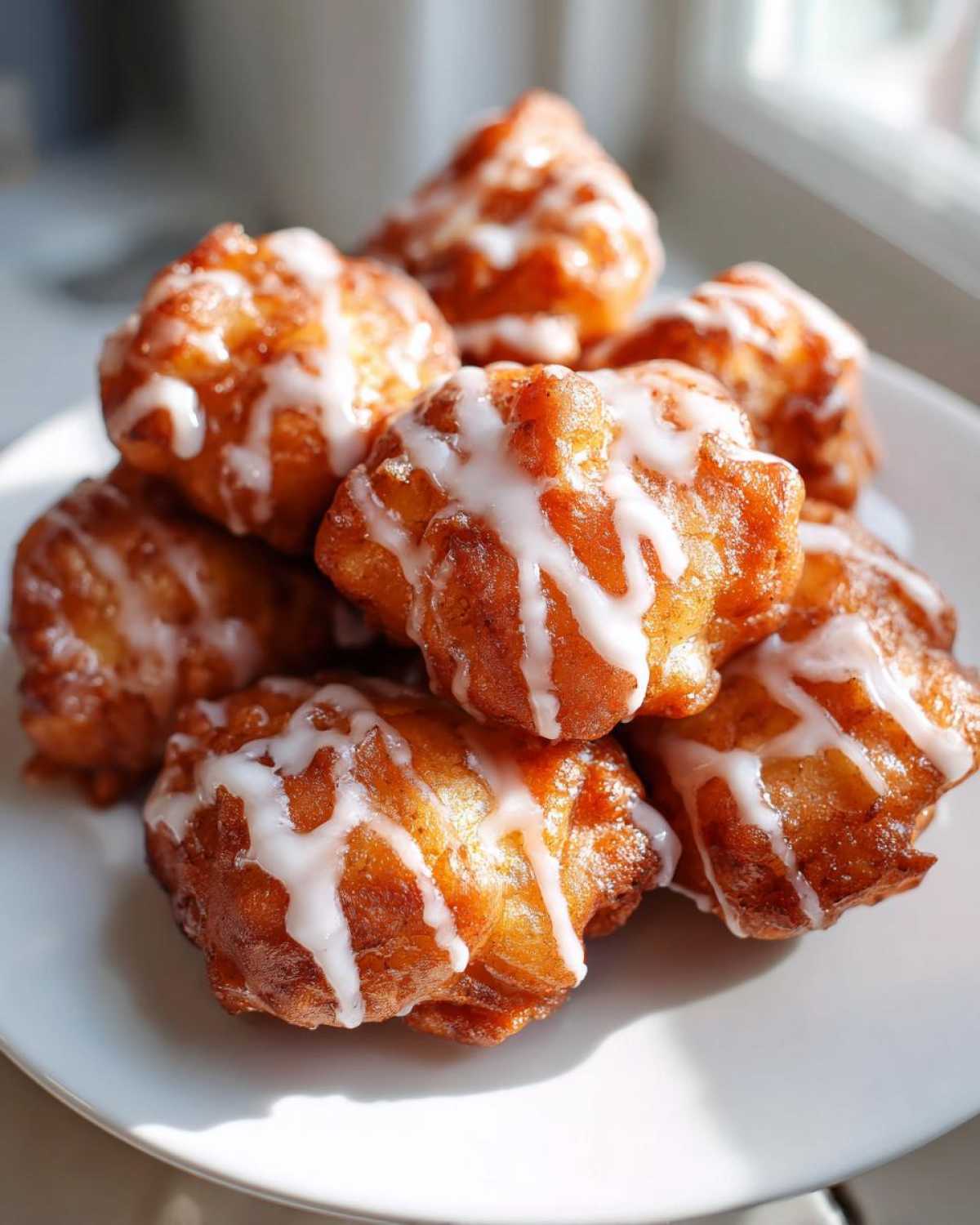 A stack of golden brown air fryer apple fritters drizzled with sweet white glaze on a white plate.