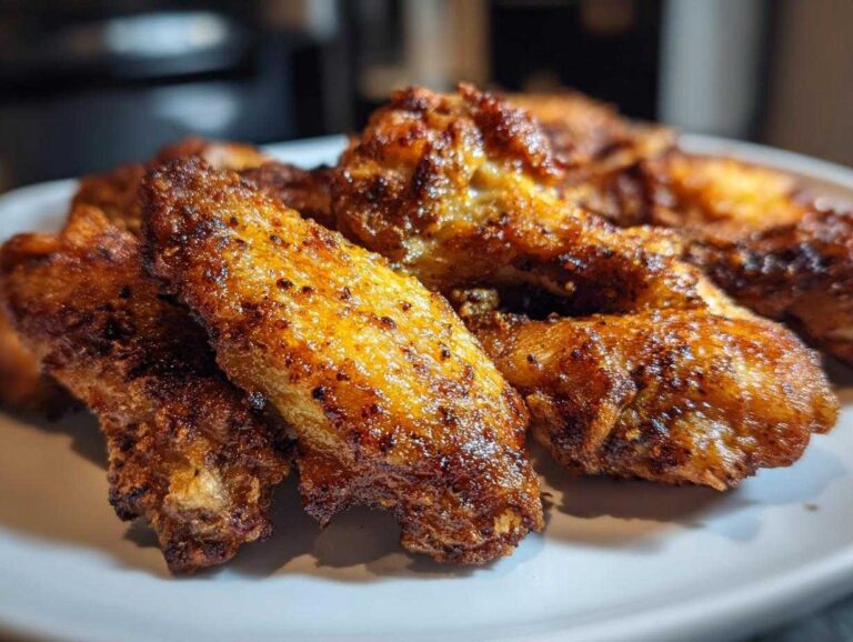 Close-up of crispy air fryer chicken wings on a white plate, showcasing their golden-brown color and texture.