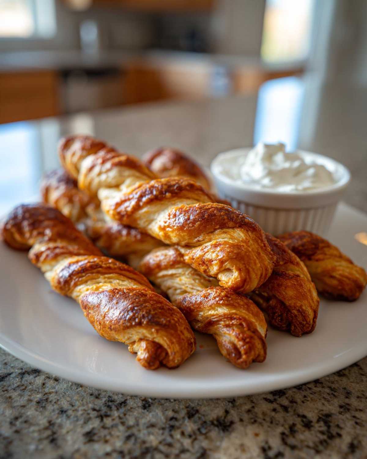 Golden air fryer cinnamon twists piled on a white plate with a side of dipping cream.