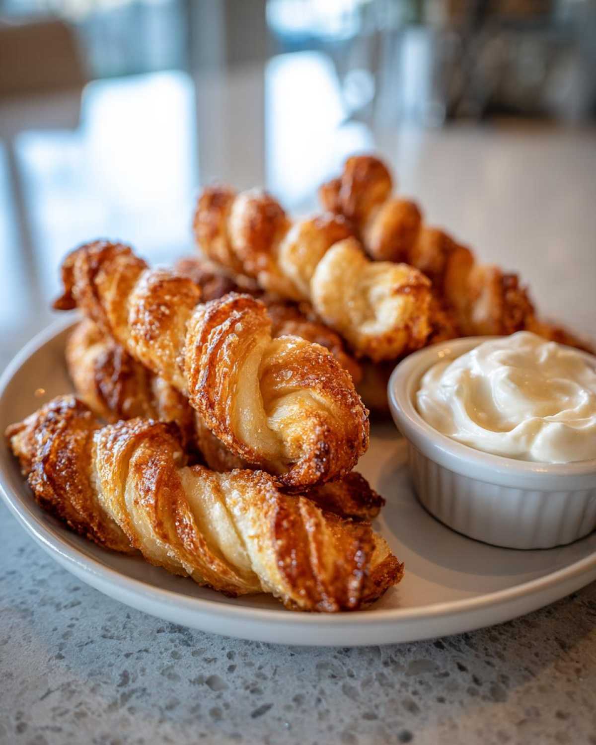 A plate of golden brown air fryer cinnamon twists served with a creamy dipping sauce.
