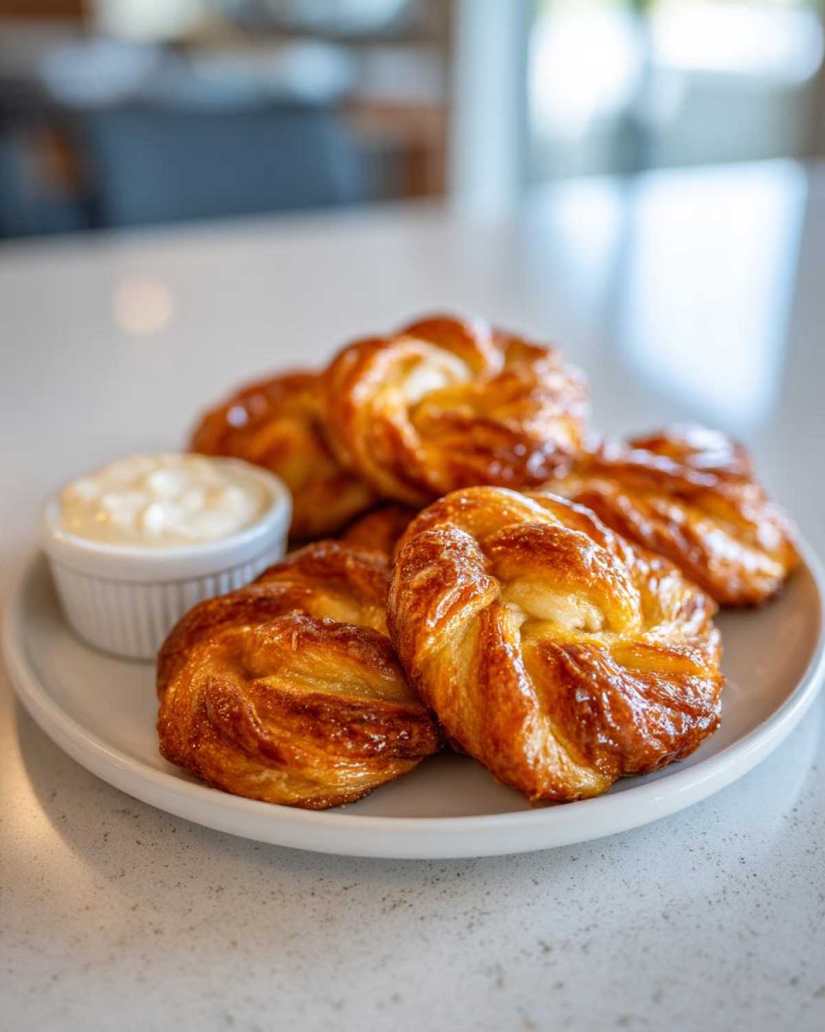 A plate of golden brown air fryer cinnamon twists, served with a side of creamy dipping sauce.
