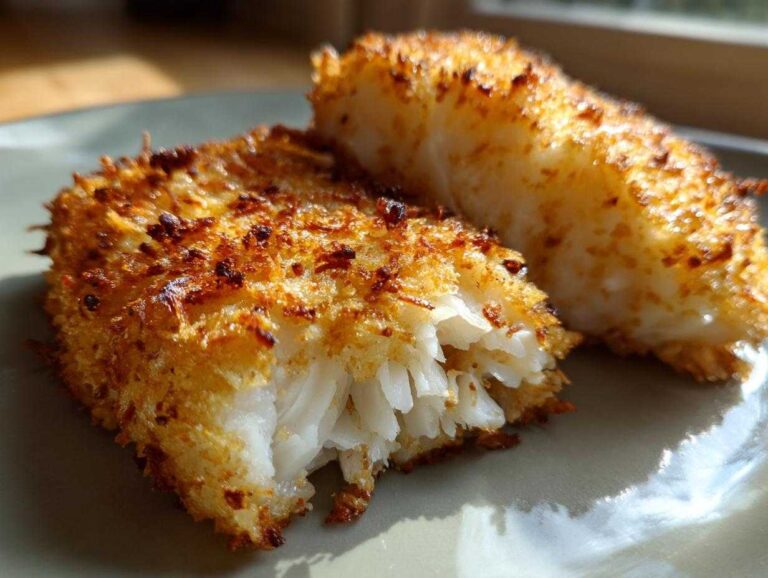 Two golden air fryer panko cod fillets on a plate, showing the flaky white fish and crispy panko breading.