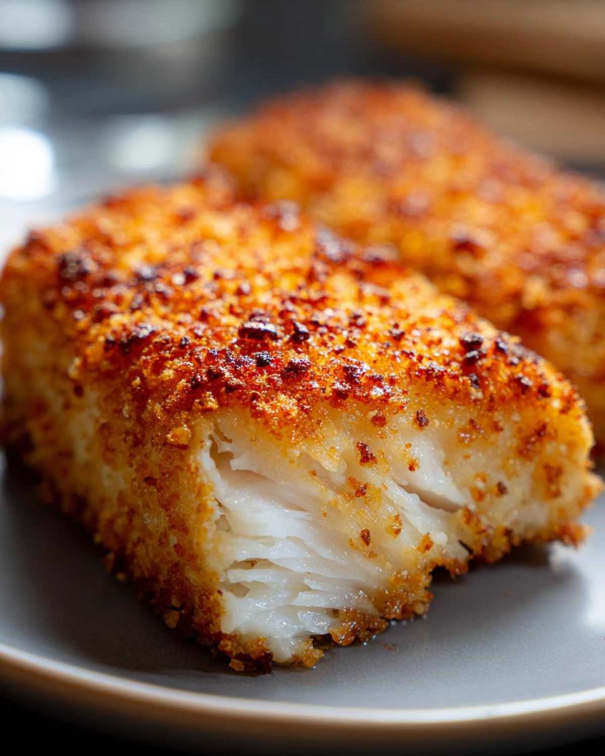 Close-up of crispy air fryer panko cod on a gray plate, showing the flaky white fish inside.