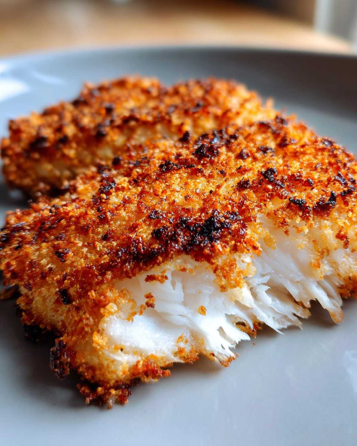 Two golden-brown air fryer panko cod fillets on a gray plate, showcasing the crispy panko crust and flaky white fish.