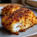 Two pieces of crispy air fryer panko cod on a gray plate, showcasing the golden-brown crust.