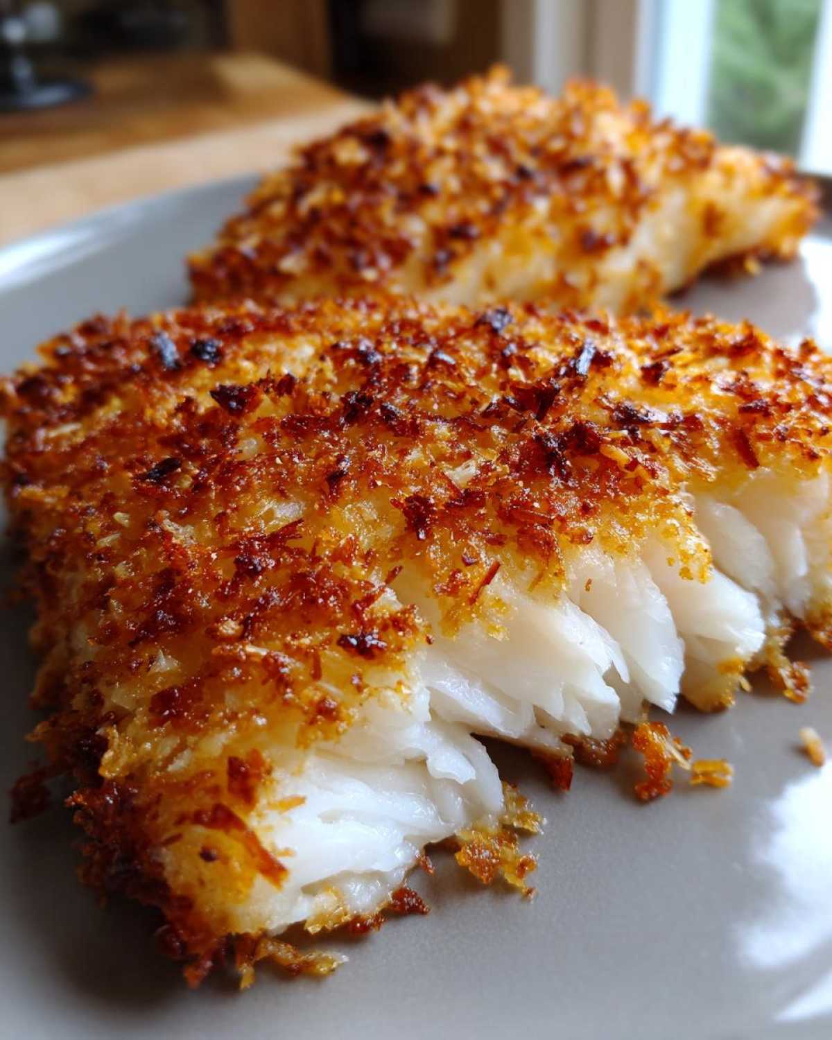 Two golden air fryer panko cod fillets on a gray plate, showcasing the crispy panko crust and flaky white fish.