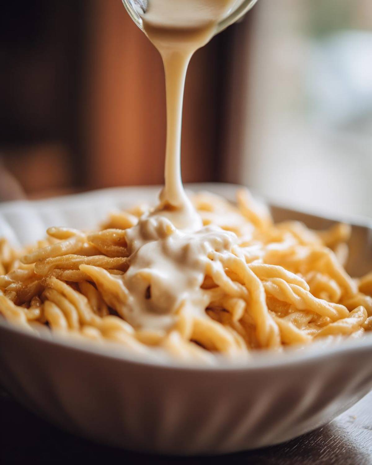 Close-up of creamy alfredo sauce being poured from a glass onto a bowl of pasta.