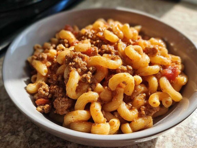 A bowl of hearty American goulash, featuring elbow macaroni, ground beef, and a rich tomato-based sauce.