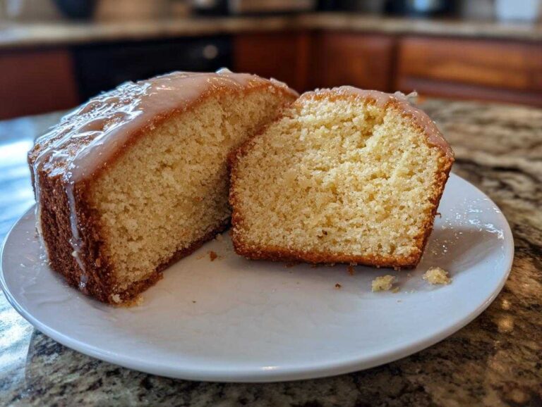 A sliced Amish applesauce cake with a glaze sits on a white plate, showcasing its moist texture.