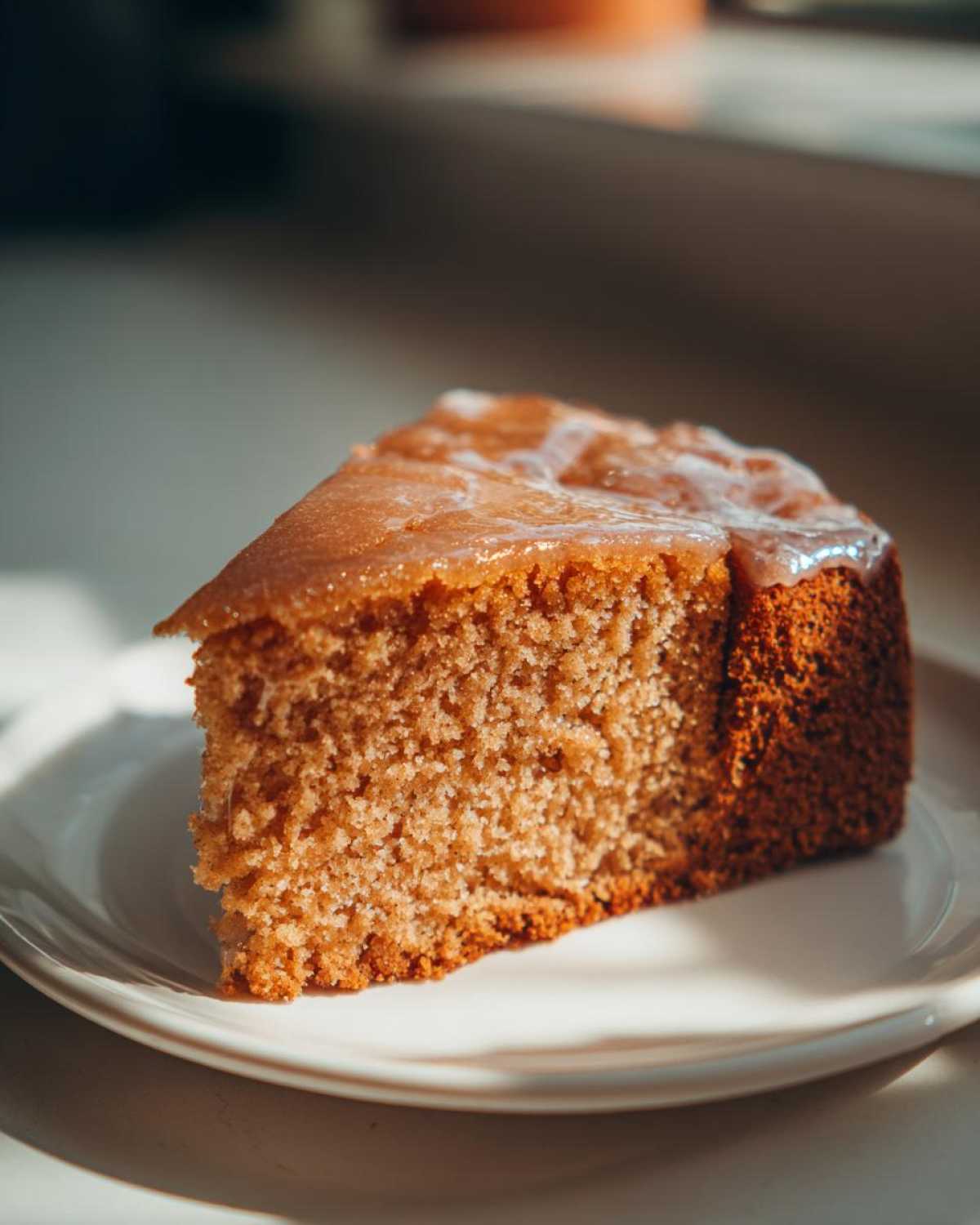 A slice of glazed Amish applesauce cake on a white plate, showcasing its moist texture and warm color.