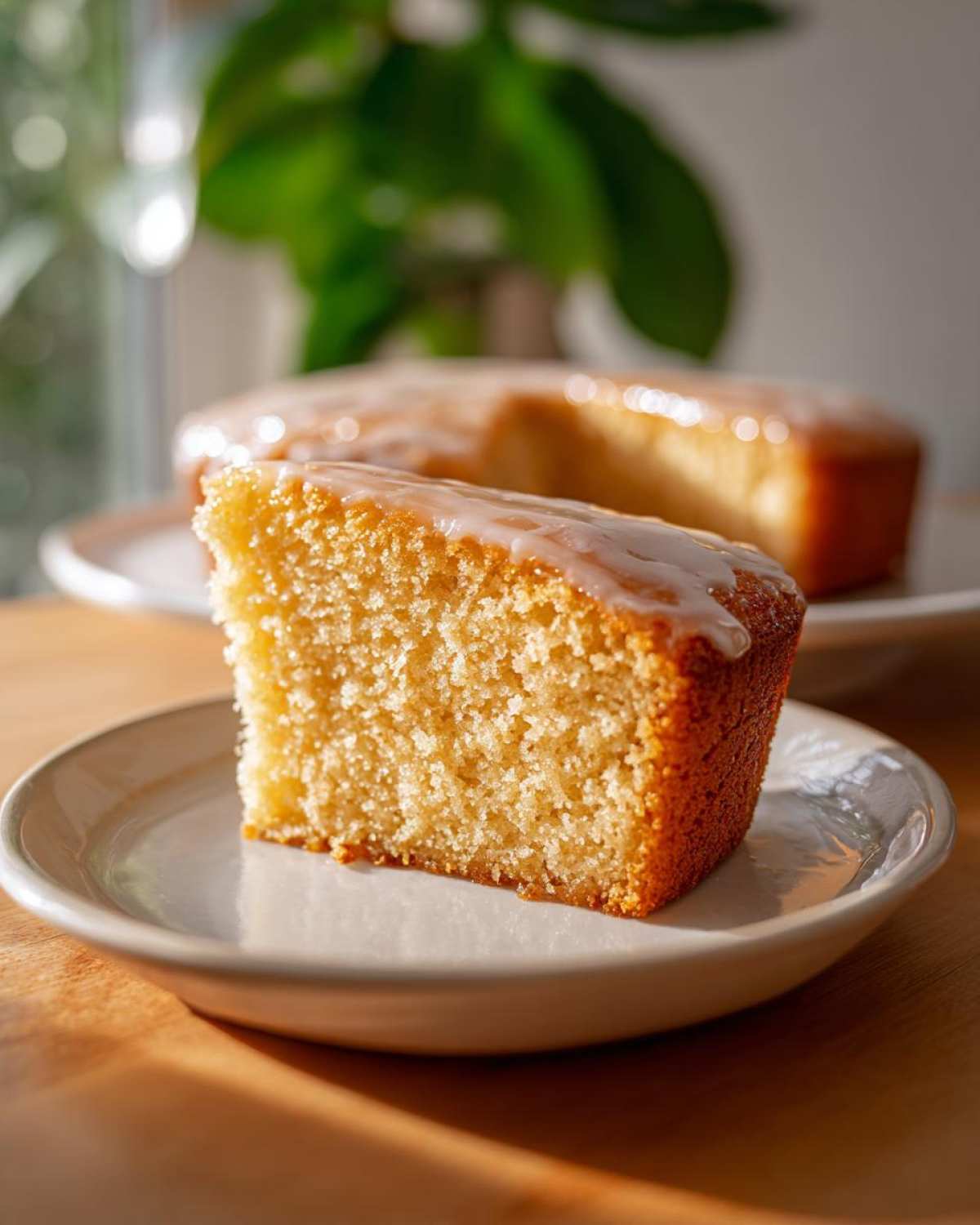 A glazed slice of Amish applesauce cake on a plate, with the rest of the cake in the background.