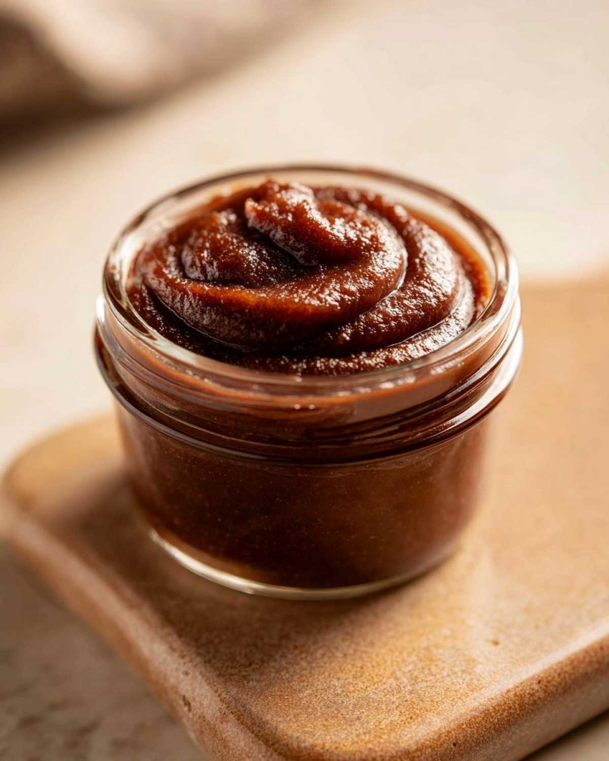 Close-up of a jar filled with smooth, dark brown apple butter on a wooden board.