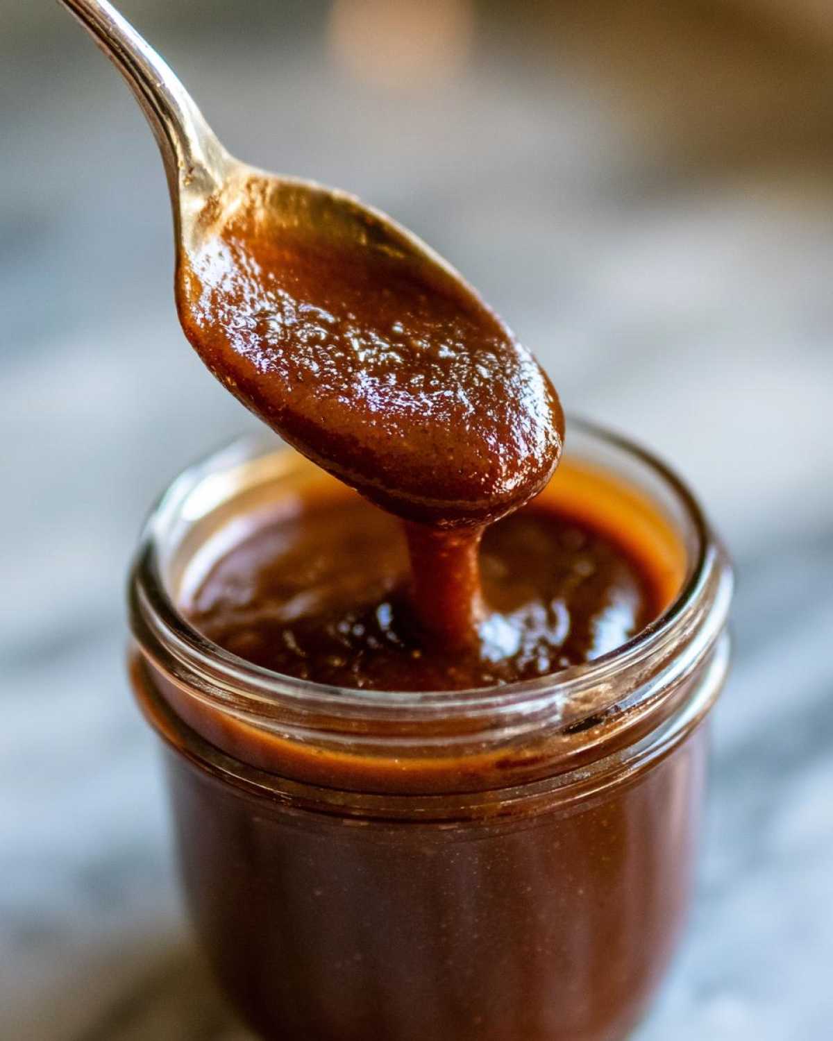 Close-up of a spoonful of rich, dark apple butter being poured into a glass jar.
