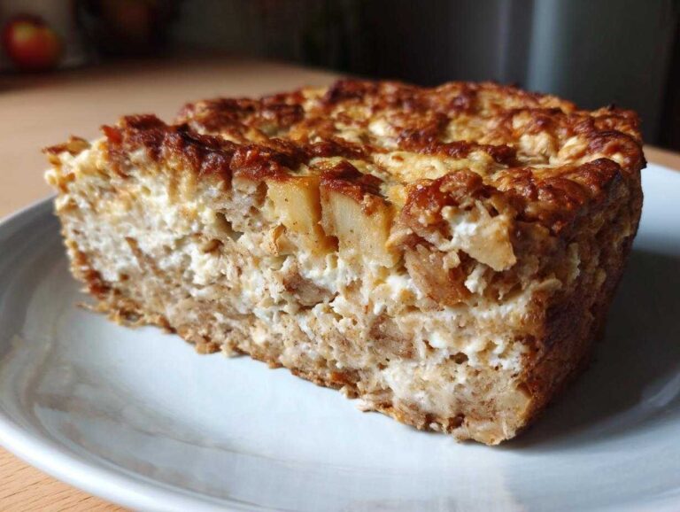 A slice of apple cinnamon cottage cheese bake on a white plate, showing the layered texture.