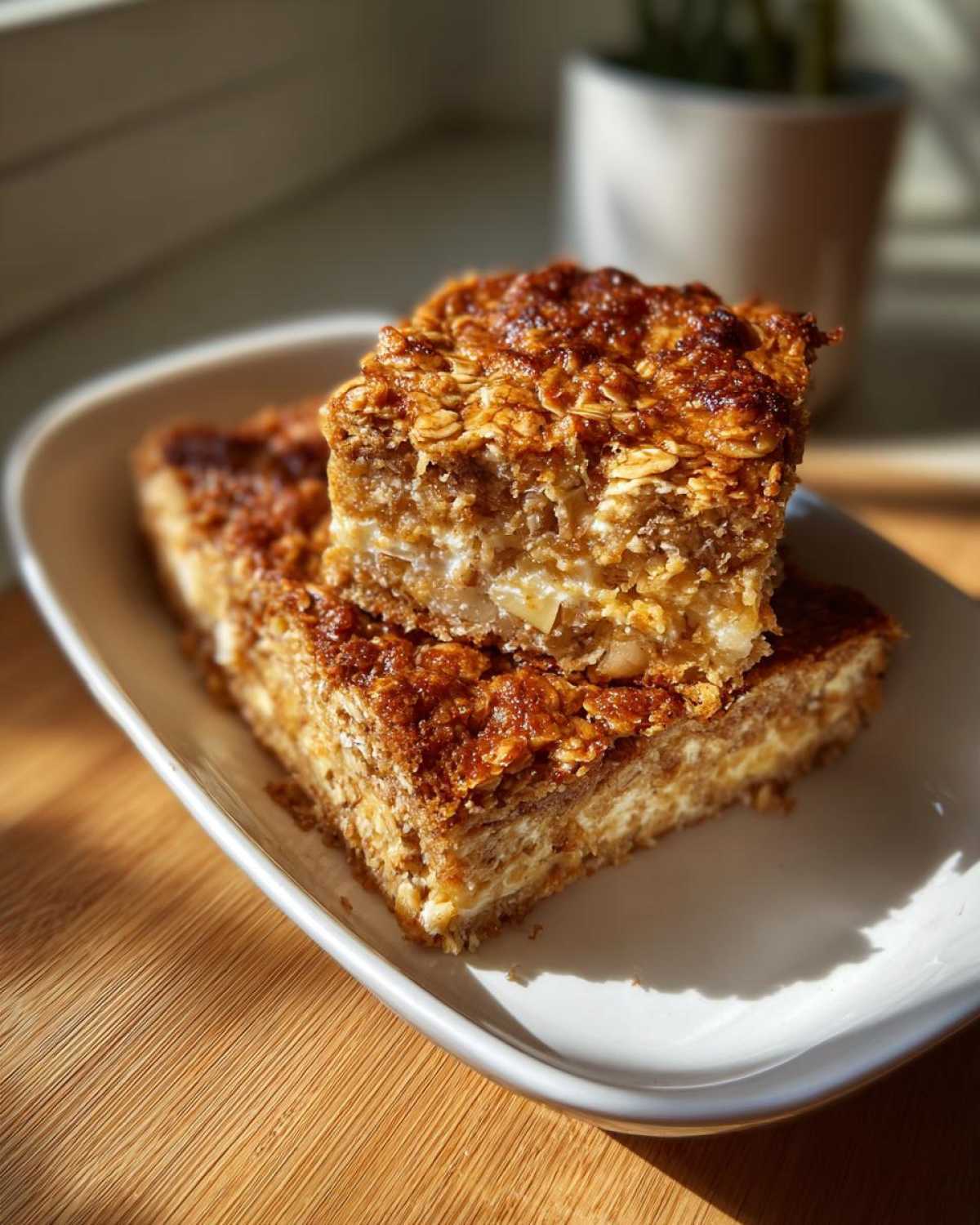 Two slices of apple cinnamon cottage cheese bake stacked on a white plate, showing layers of filling and oat topping.