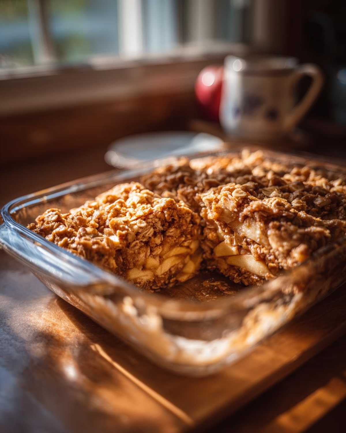Apple cinnamon cottage cheese bake in a glass dish, showing the apple filling and crumble topping.