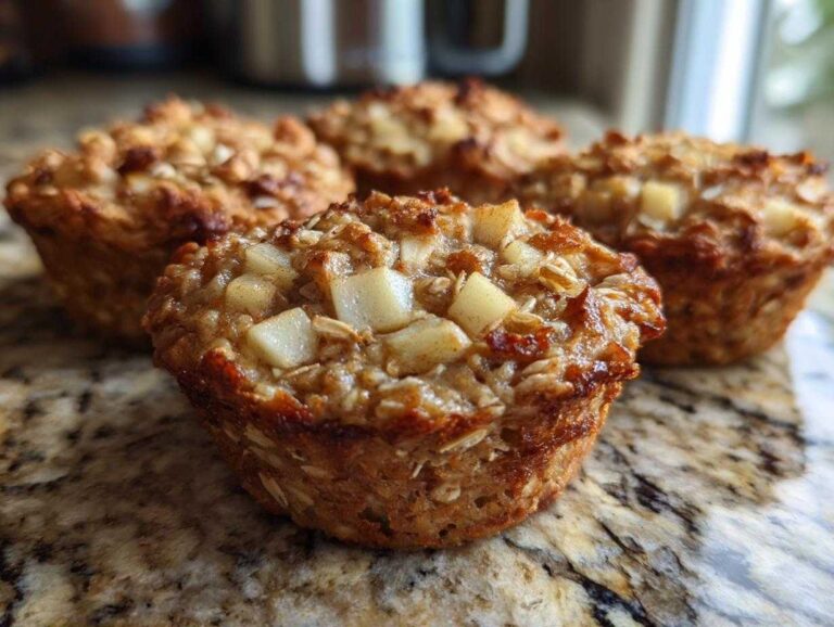 Four apple cinnamon oatmeal cups arranged on a marble countertop, showcasing their texture and apple pieces.