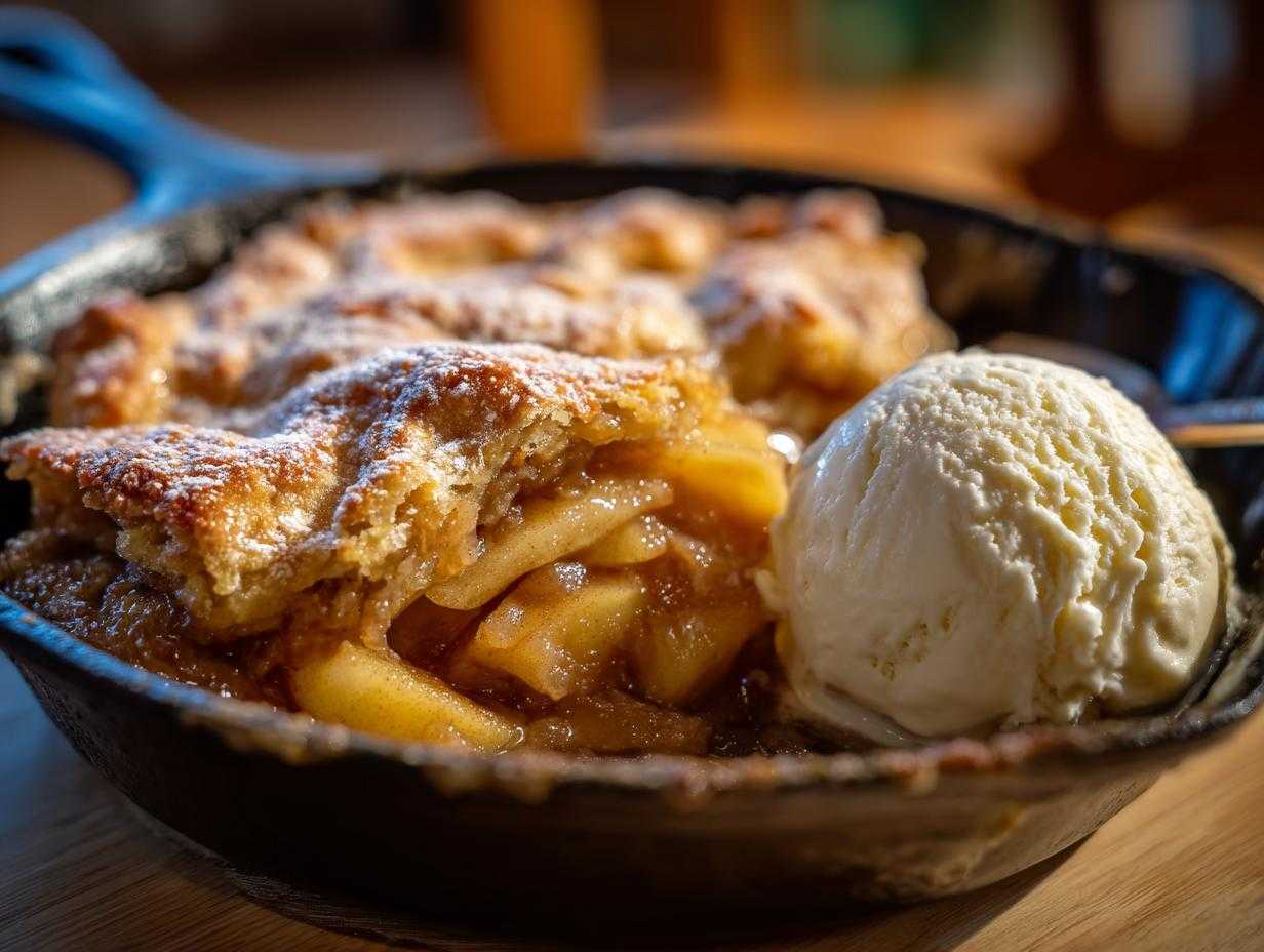 A warm apple cobbler in a skillet, topped with powdered sugar and served with a scoop of vanilla ice cream.