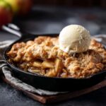 Close-up of a skillet-baked apple cobbler topped with a scoop of melting vanilla ice cream. Perfect apple cobbler.