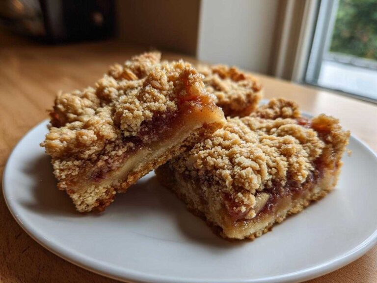 Three apple crisp bars on a white plate, showcasing the layers of crust, apple filling, and crumble topping.