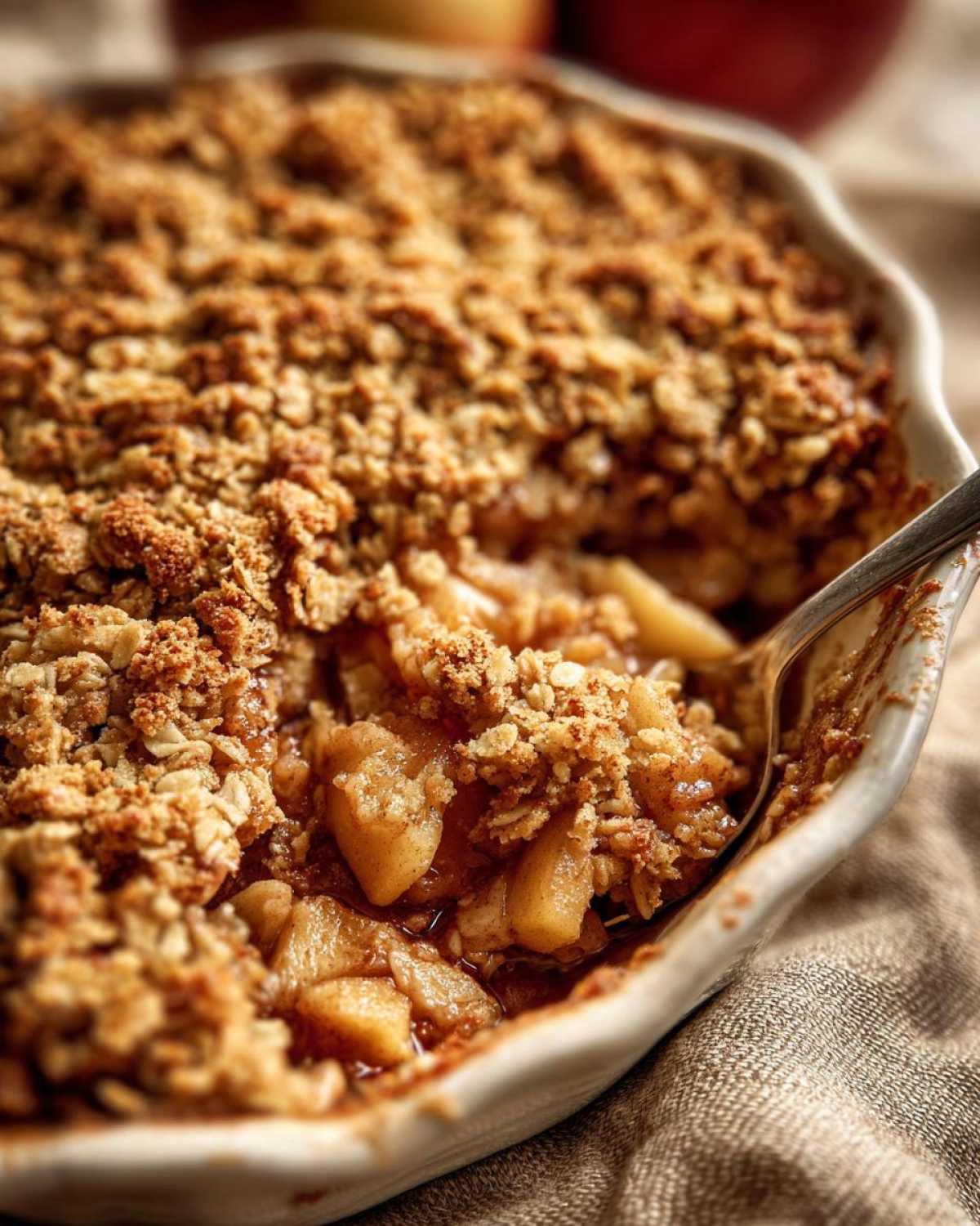 Close-up of a spoon scooping apple crisp with oats from a white baking dish.