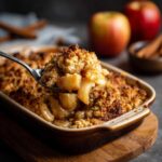 A spoonful of warm apple crisp with oats, showcasing the apple filling and crispy topping.