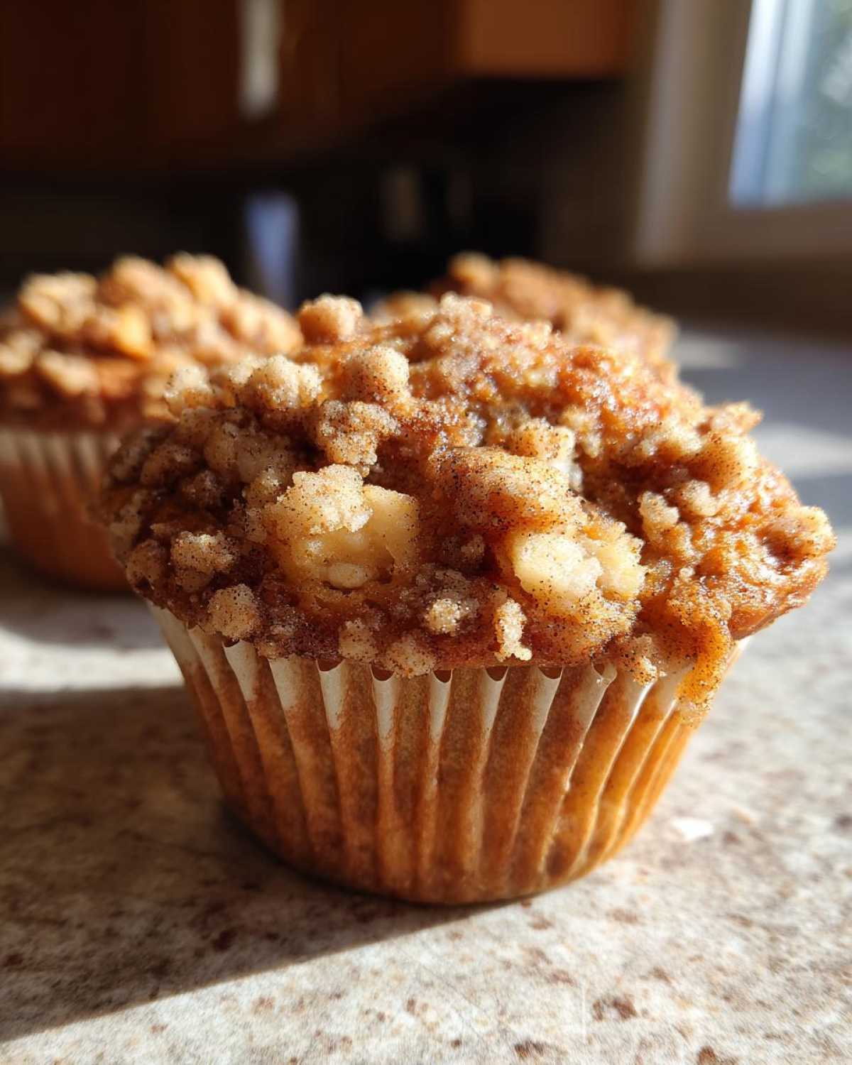 A close-up of a delicious apple oatmeal muffin with a crumb topping, sitting on a countertop.