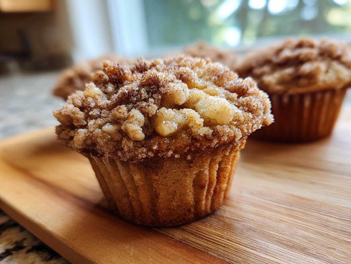 Close-up of apple oatmeal muffins with a sweet crumble topping, sitting on a wooden board.