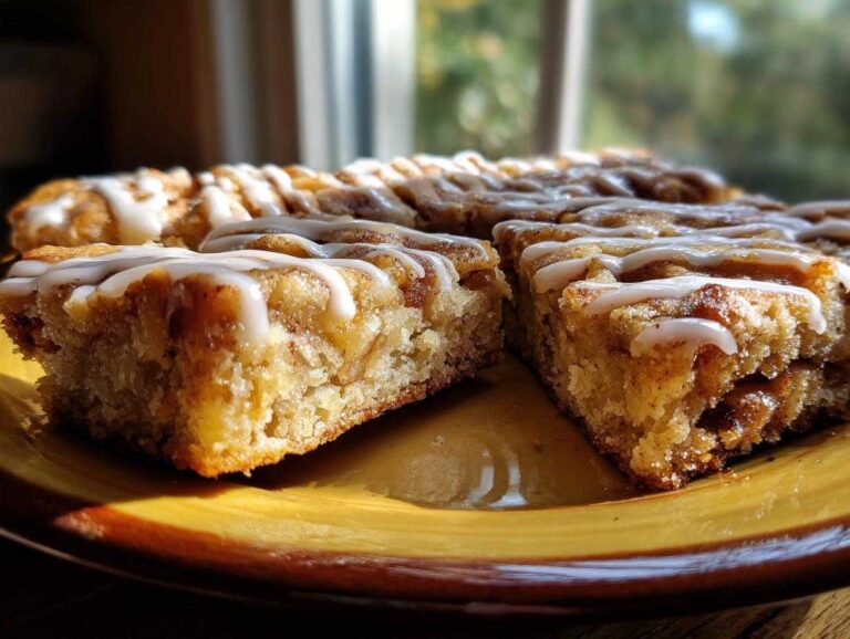 Close-up of homemade apple slice bars with icing on a yellow plate, ready to eat.