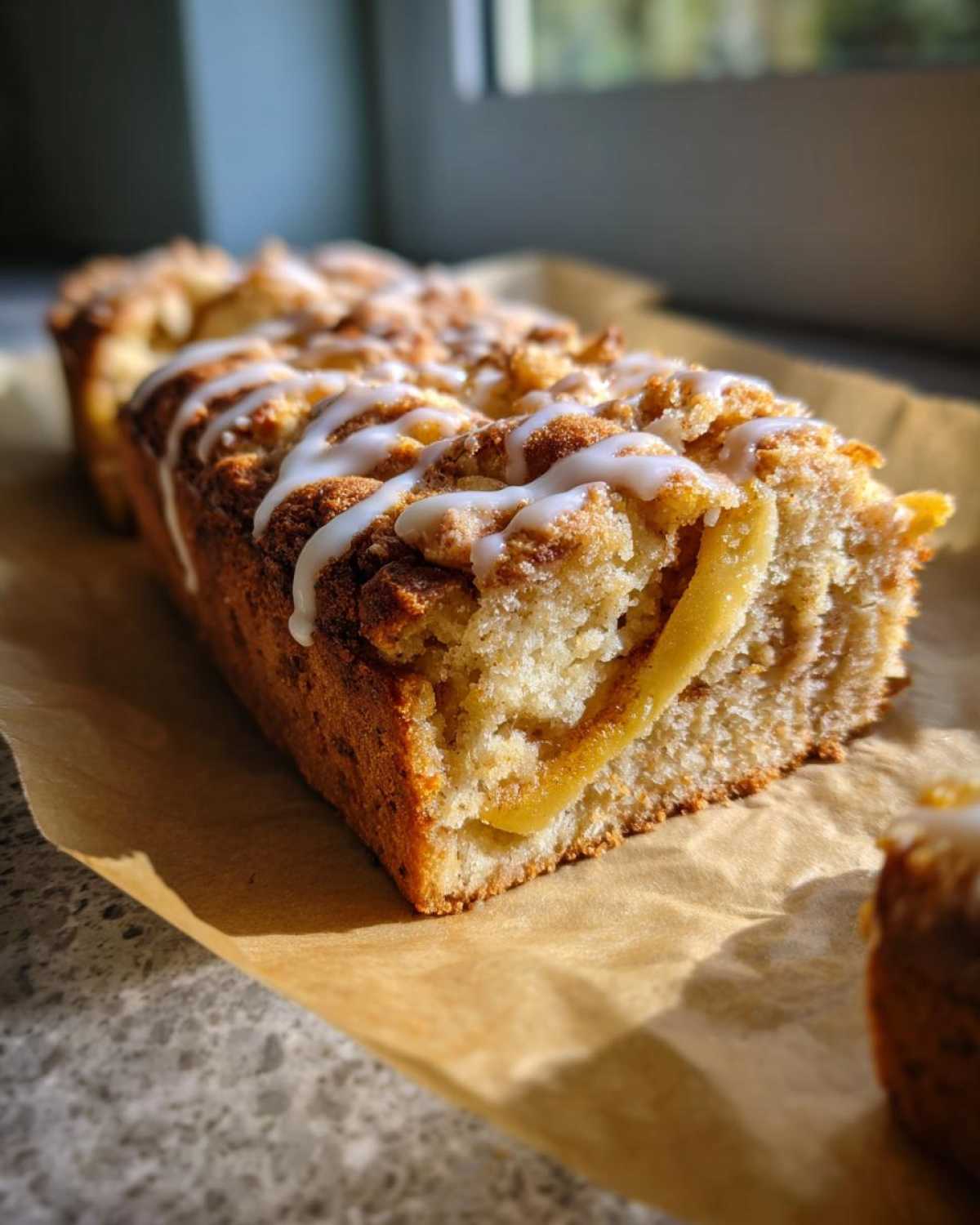 Close-up of a loaf of apple slice bars with icing drizzle on parchment paper.