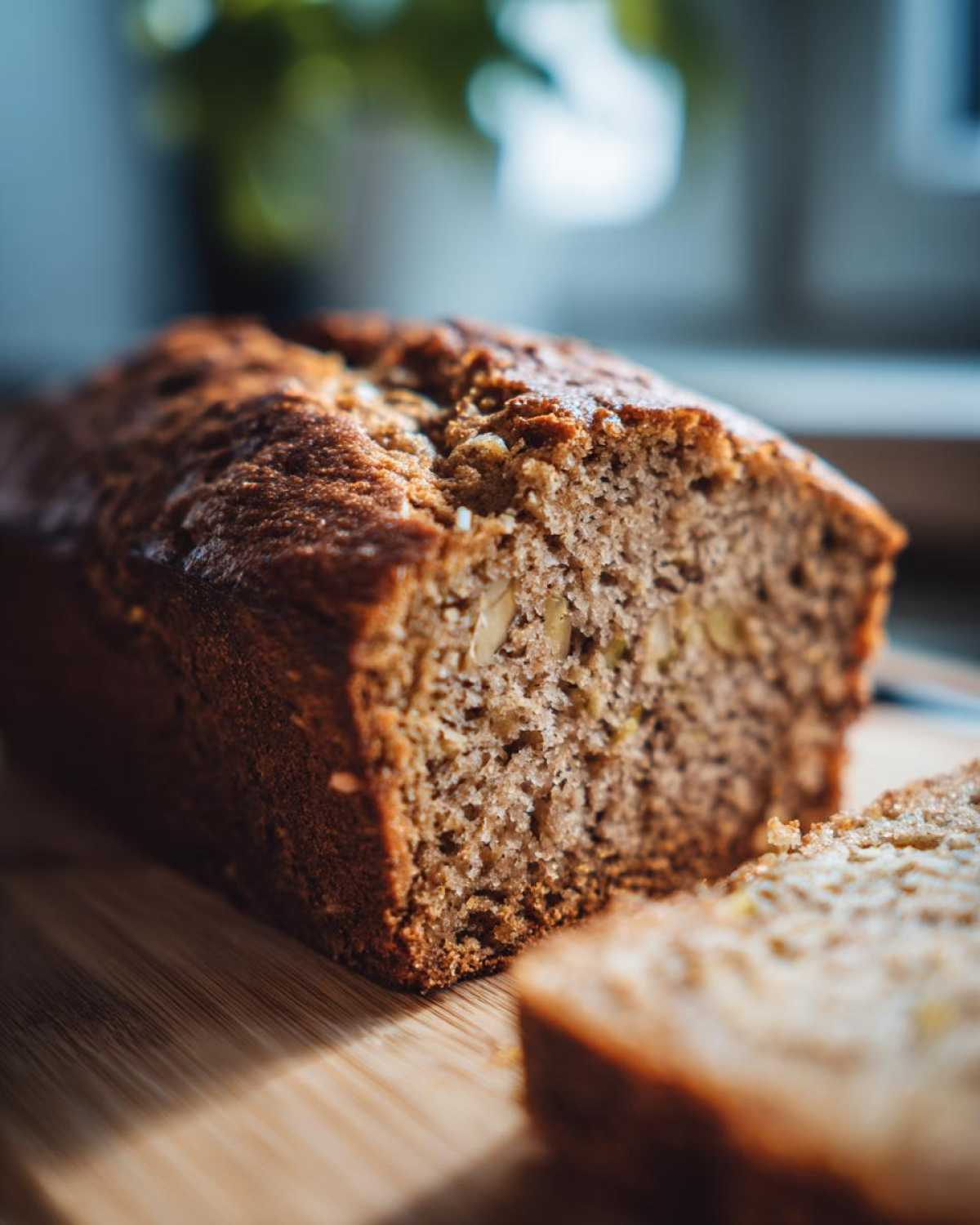 A sliced loaf of homemade Applesauce zucchini bread sits on a wooden cutting board.