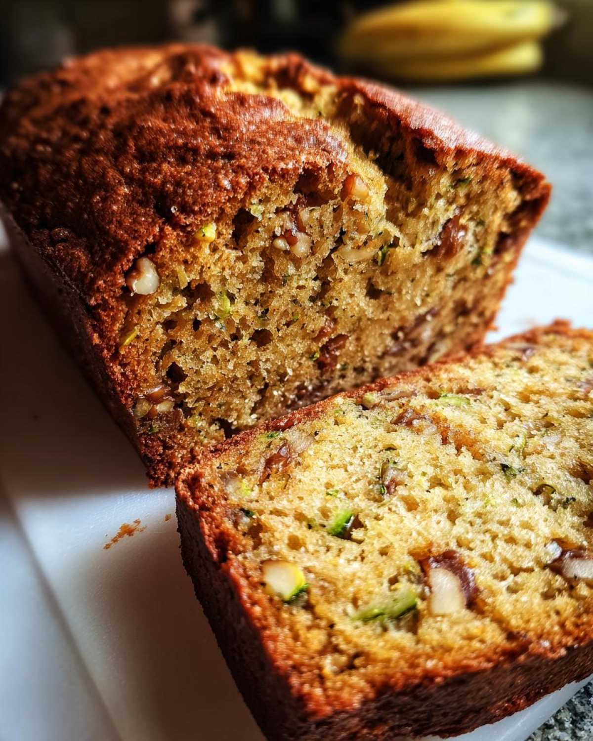 Close-up of a sliced loaf of moist applesauce zucchini bread with visible zucchini and nuts.