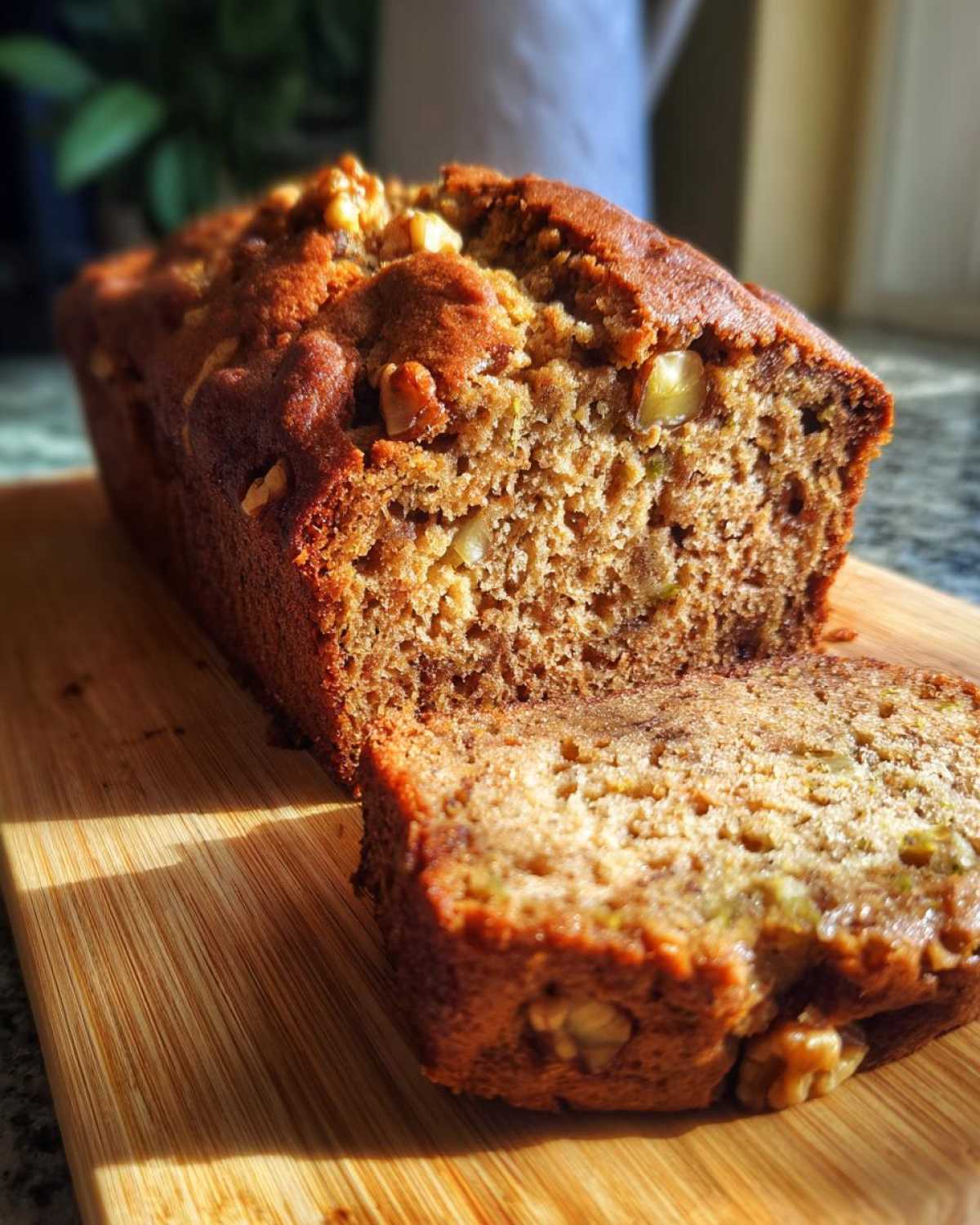 A loaf of applesauce zucchini bread with walnuts, sliced on a wooden board, showcasing its moist texture.