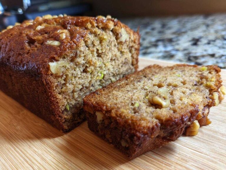 A loaf of applesauce zucchini bread with a slice cut, showing the moist texture and walnut topping.