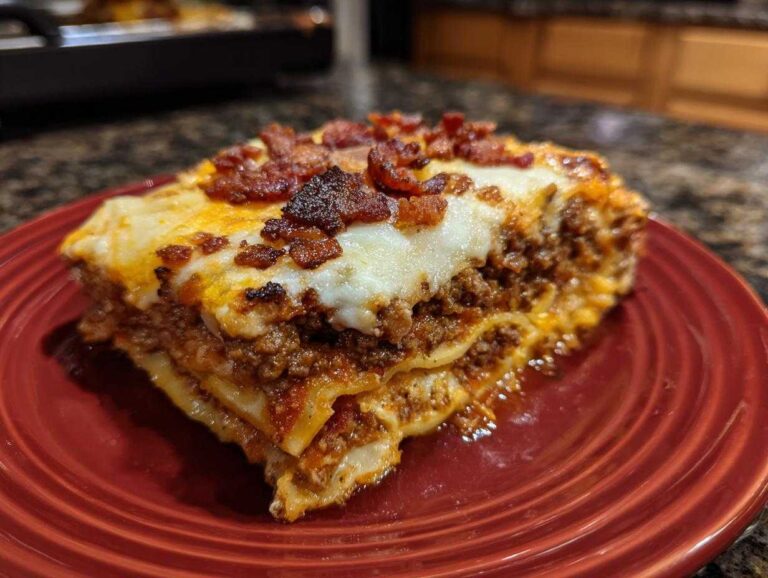 A slice of bacon cheeseburger lasagna on a red plate, topped with melted cheese and crispy bacon bits.
