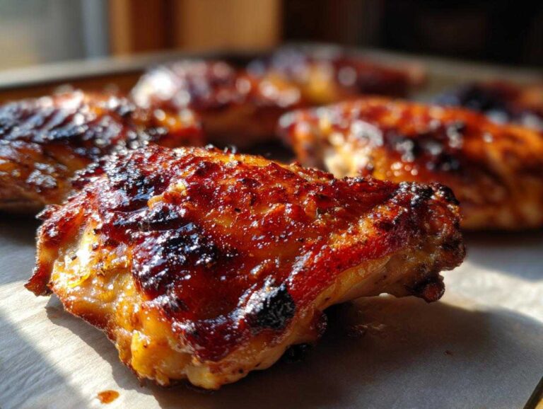Close-up of baked boneless skinless chicken thighs with a glossy glaze on a baking sheet.