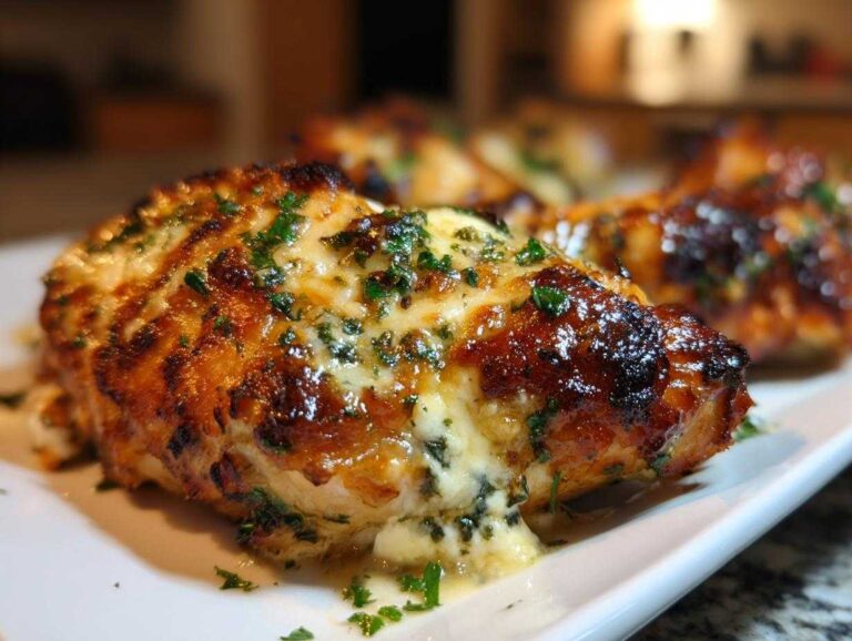 Close-up of baked chicken with feta, showing melted cheese and herb garnish on a white plate.