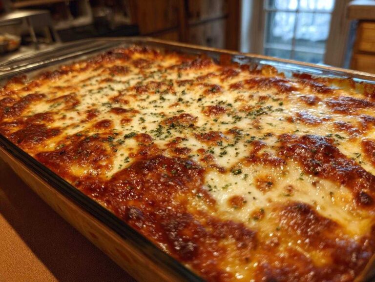 Overhead view of a freshly baked cream cheese spaghetti casserole in a glass baking dish.