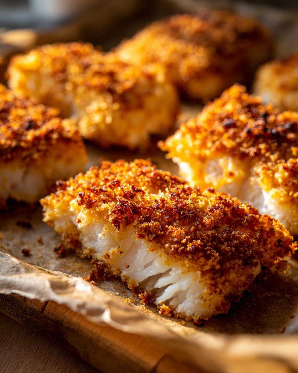 Close-up of baked panko crusted cod fillets on parchment paper, showcasing the crispy texture.