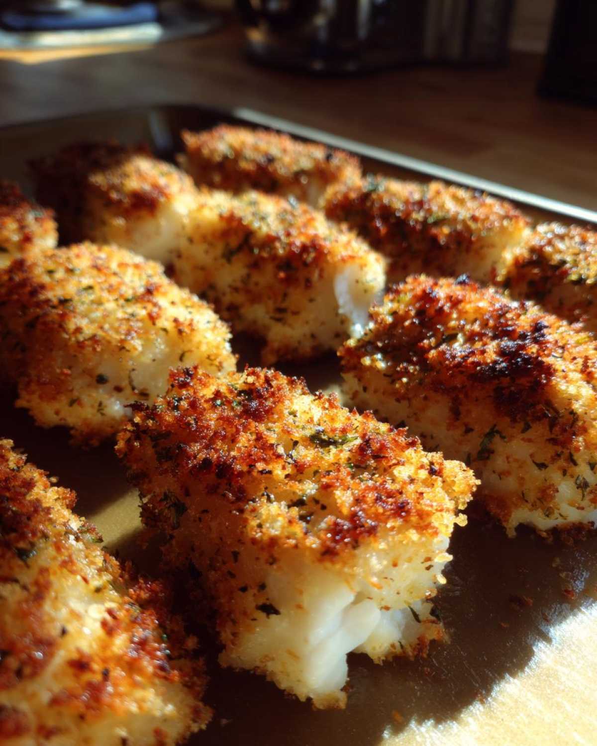 Close-up of baked panko crusted cod pieces on a baking sheet, showcasing the golden-brown crust.