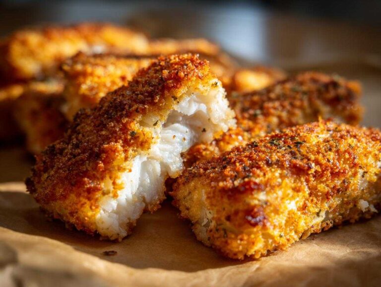 Close-up of crispy baked panko crusted cod showing flaky white fish and golden-brown panko breading.