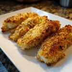 Four pieces of baked panko crusted cod on a white plate, showcasing the golden-brown crust.