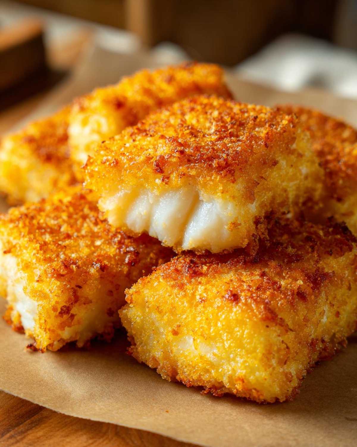 Close-up of crispy baked panko crusted cod pieces stacked on brown paper, showing the flaky white fish inside.