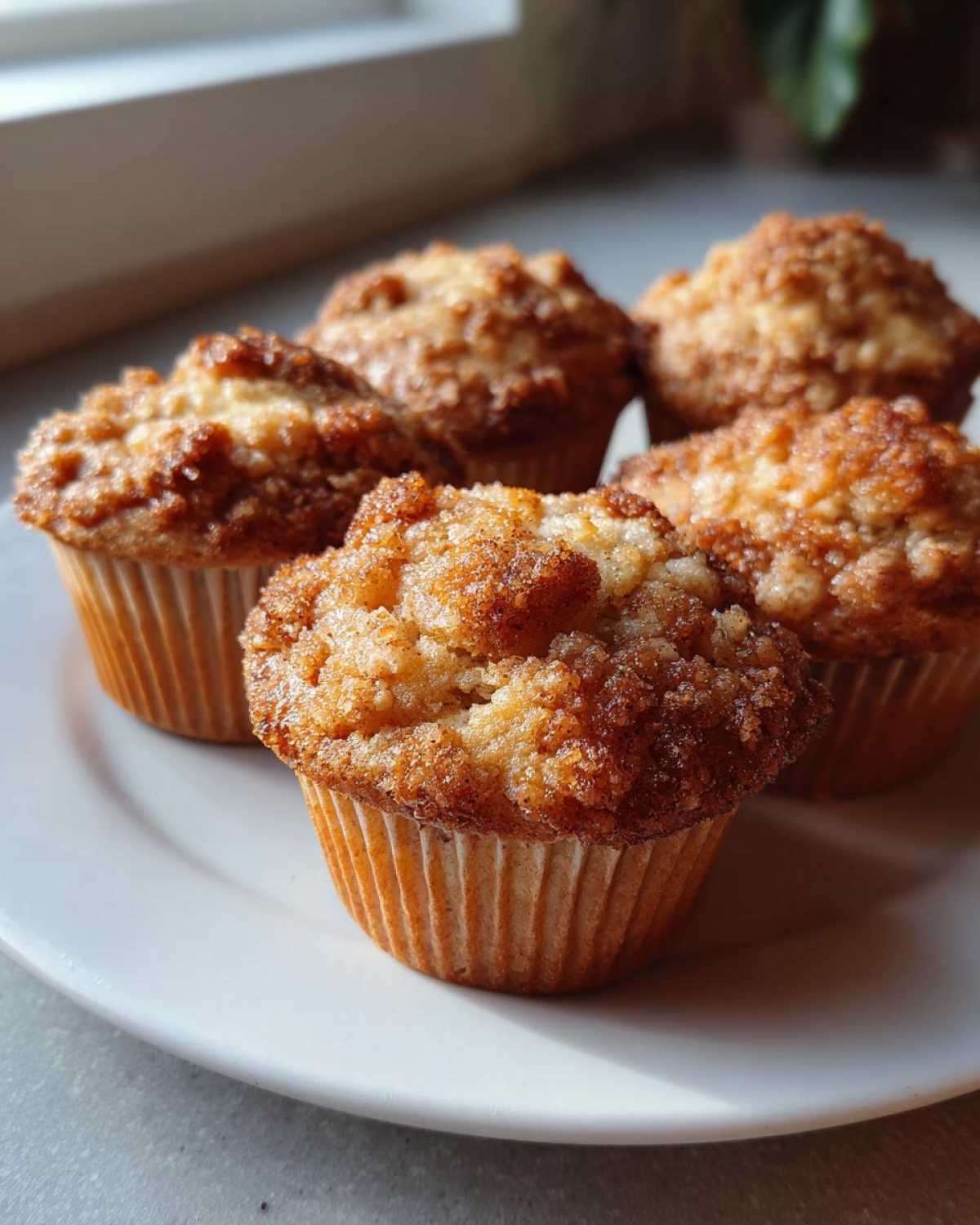 Five freshly baked banana muffins with a golden crumb topping, arranged on a white plate.
