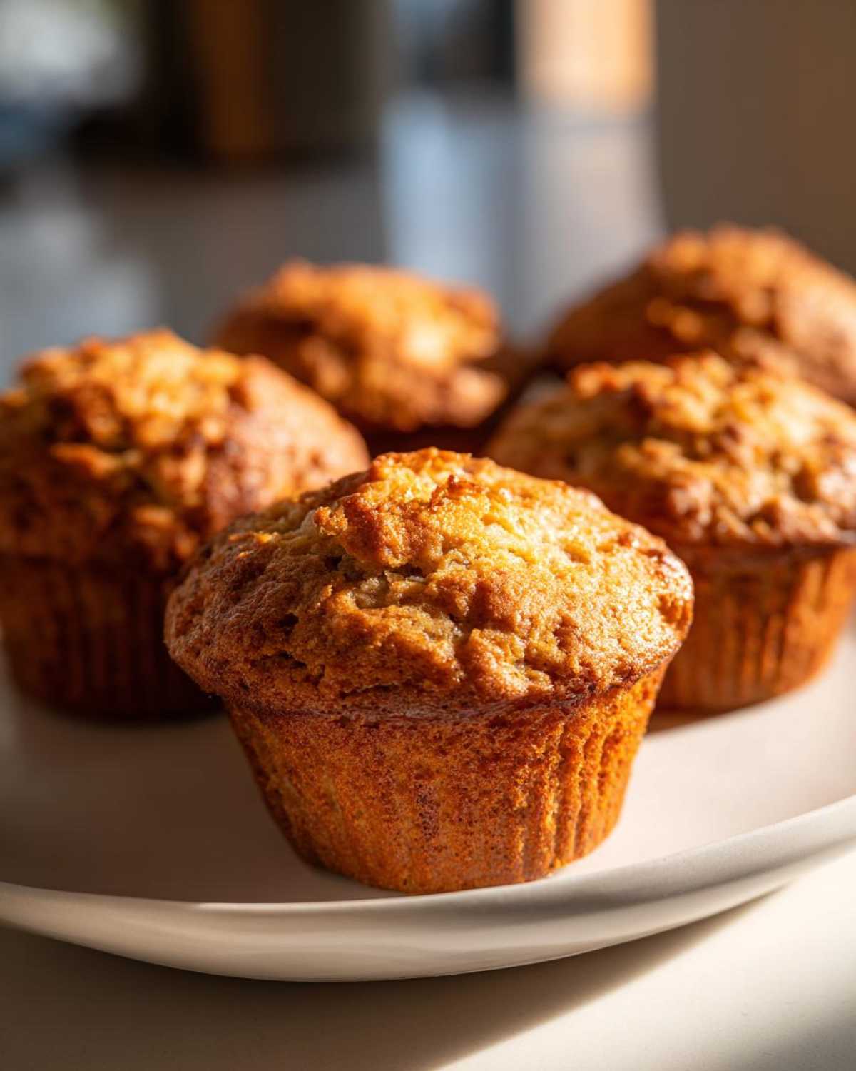 A plate of golden brown Banana muffins, fresh from the oven and ready to enjoy.