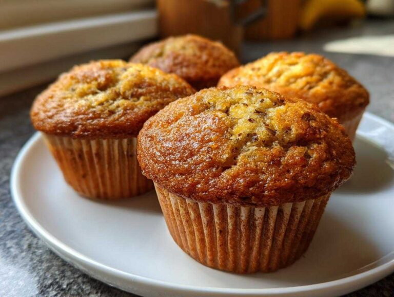 Four golden brown banana muffins arranged on a white plate, showcasing their moist texture and paper liners.