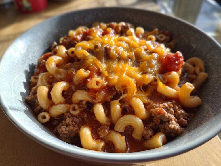 Close-up of a bowl of beef goulash with elbow macaroni and melted cheese on top, ready to eat.