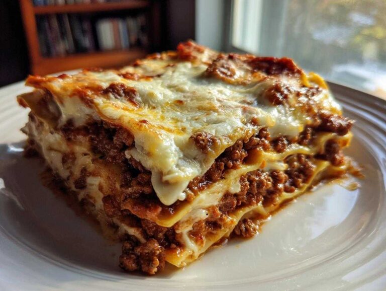A tempting slice of beef lasagna with layers of pasta, meat sauce, and melted cheese.