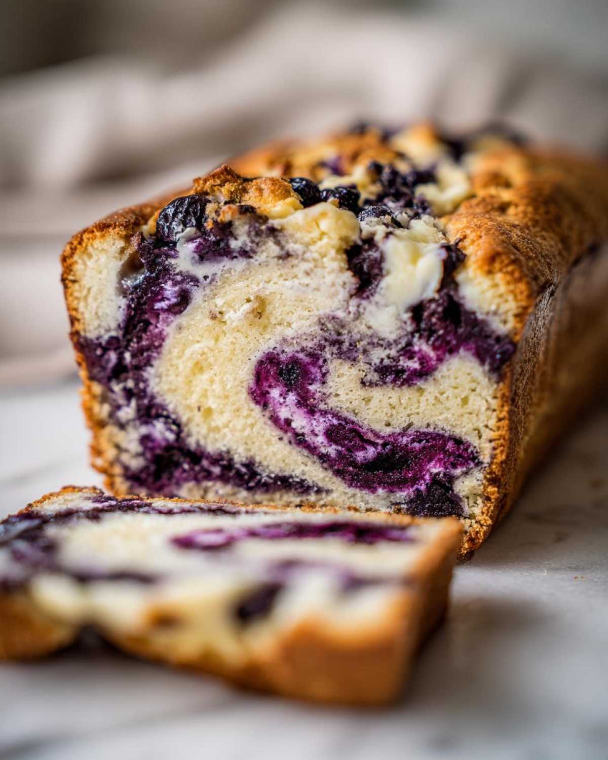 A loaf of blueberry cream cheese bread, sliced, showing the swirl of blueberries and cream cheese.